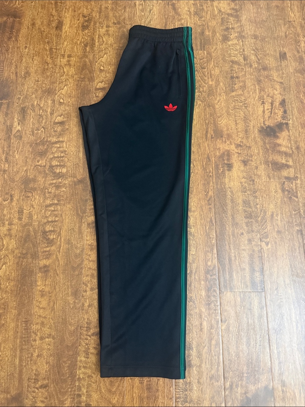 adidas Black Track Pants with Green Side Stripes and Red Logo